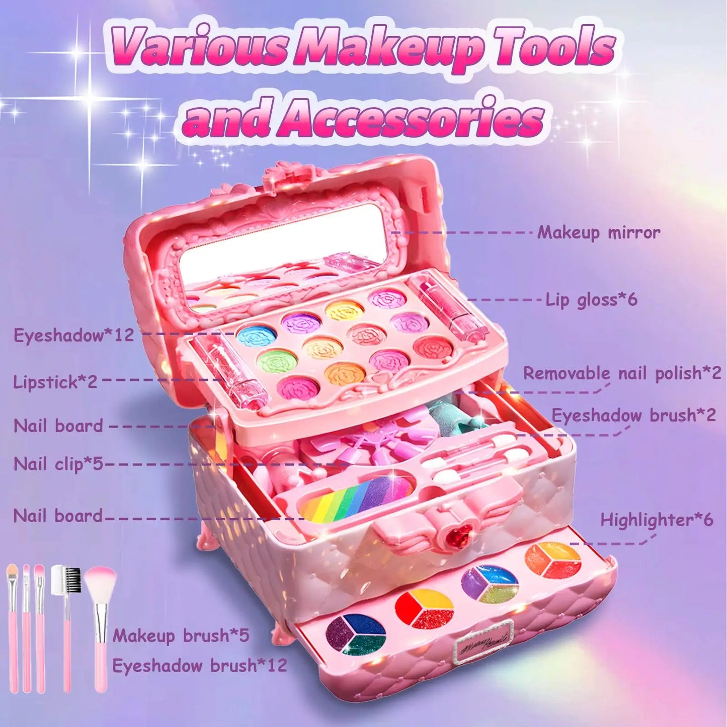 Multi-Layered Foldable Makeup Set for Kids Pretend Play Cosmetic Set for Girls, Learning and Education Toys with Box for Birthda