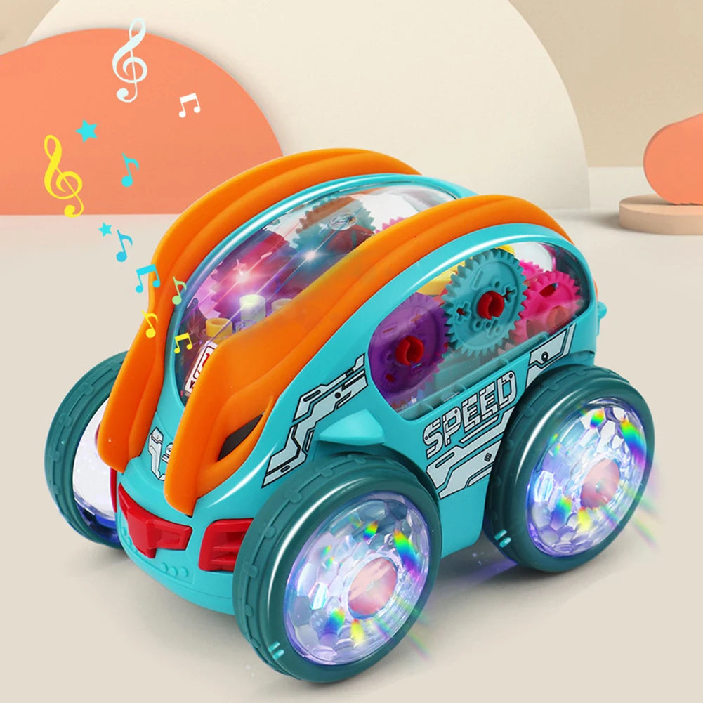 Light Up Transparent Gear Car Toy Bump and Go Toy Car with Colorful Moving Gears Toddler Trucks Stunts Somersaults Car for Kids