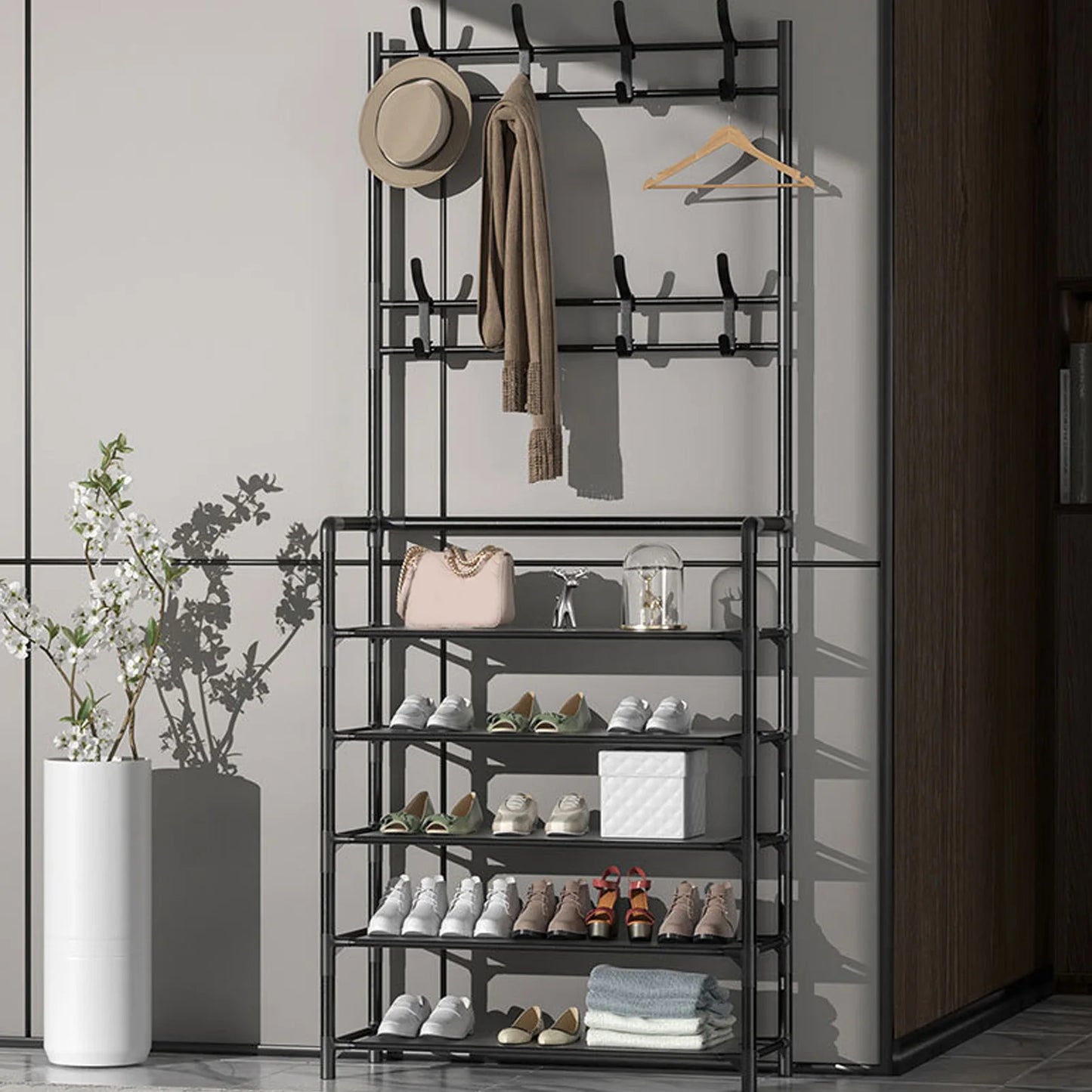 Coat Rack Stand Space Saving Freestanding Entryway Clothes Hanging Organizer Metal 2 In 1 Multifunction with Hooks for Office