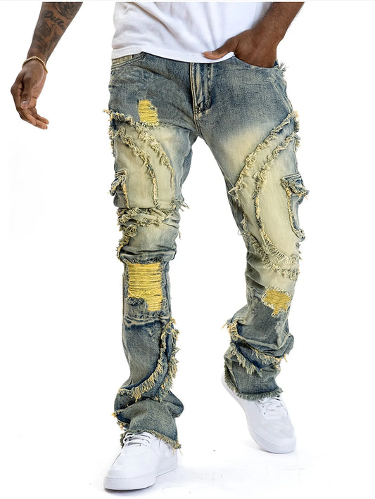 European and American men's ripped stretch jeans with fringe - the best choice for fashion wear