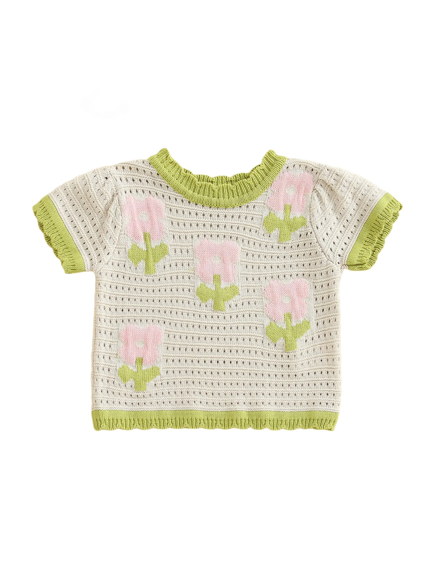 Girls Floral Print Knit Cutout T-Shirt with Round Neck and Short Sleeves - Stylish Summer Top for Toddler Girls