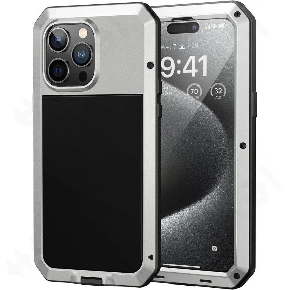 For iPhone 15 14 13 12 11 Pro Max XS XR 8 7 Plus Aluminum Metal Tank Case Heavy Duty Shockproof Rugged Armor Cover Screen Film