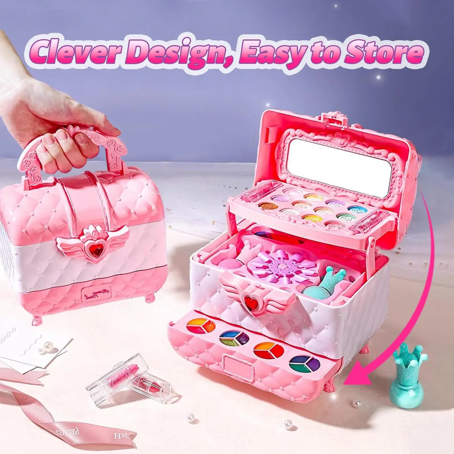 Multi-Layered Foldable Makeup Set for Kids Pretend Play Cosmetic Set for Girls, Learning and Education Toys with Box for Birthda
