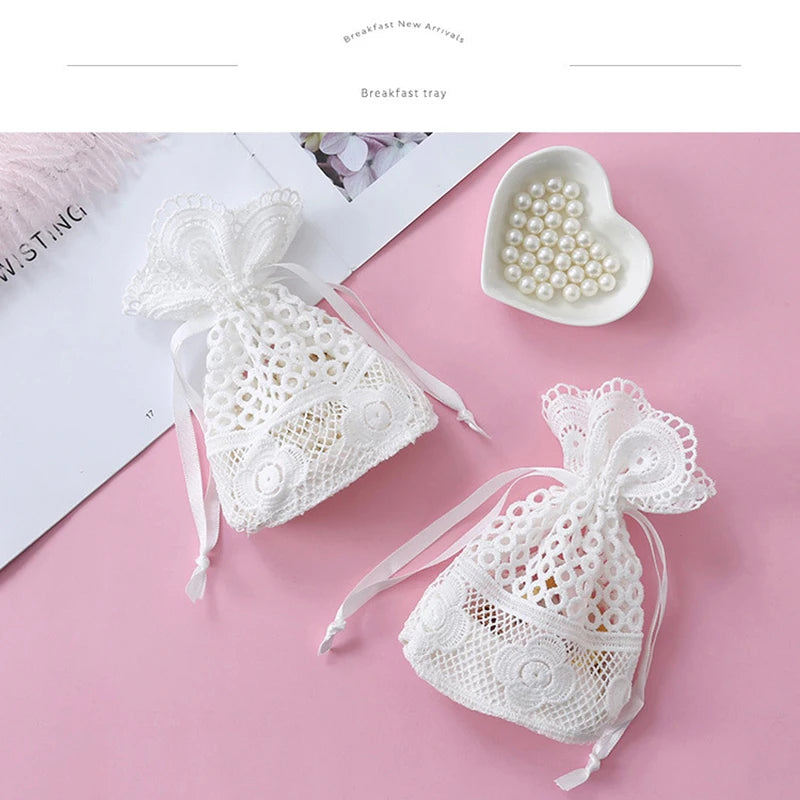 White Lace Drawstring Favor Bags for Wedding Party Favors Bridal Shower Baby Shower and Special Events - Pack of 50