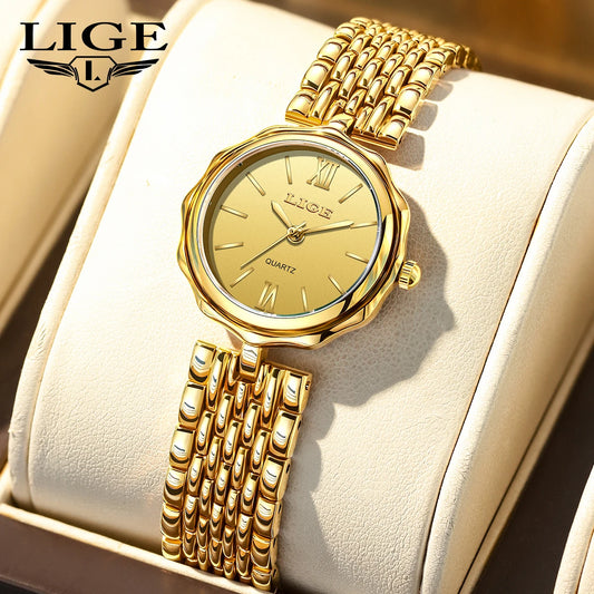 LIGE Fashion Golden Woman Watch Luxury Stainless Steel Ladies Watches Small Dial Elegant Female Quartz Bracelet Wristwatch+Box