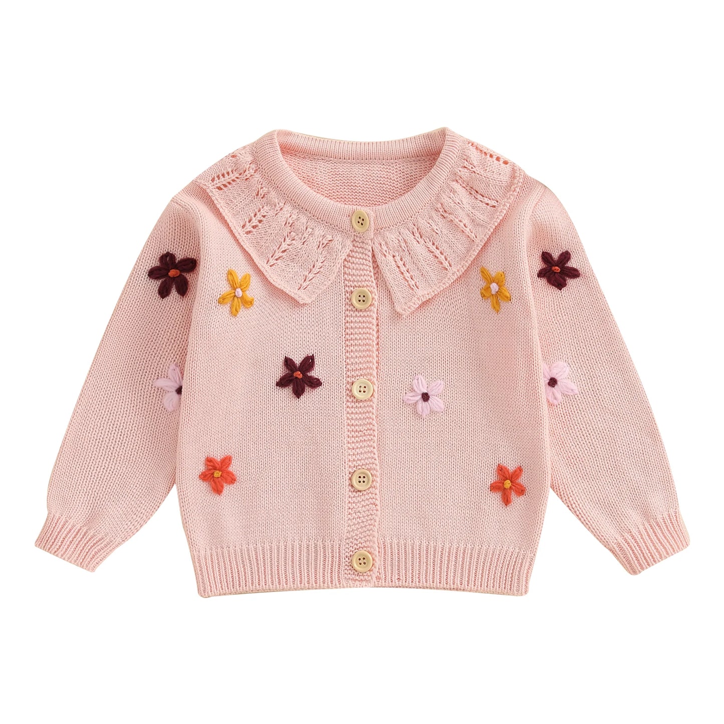 Infant Girl s Floral Embroidered Cardigan Sweater with Button Closure and Long Sleeves - Knit Top for Toddlers