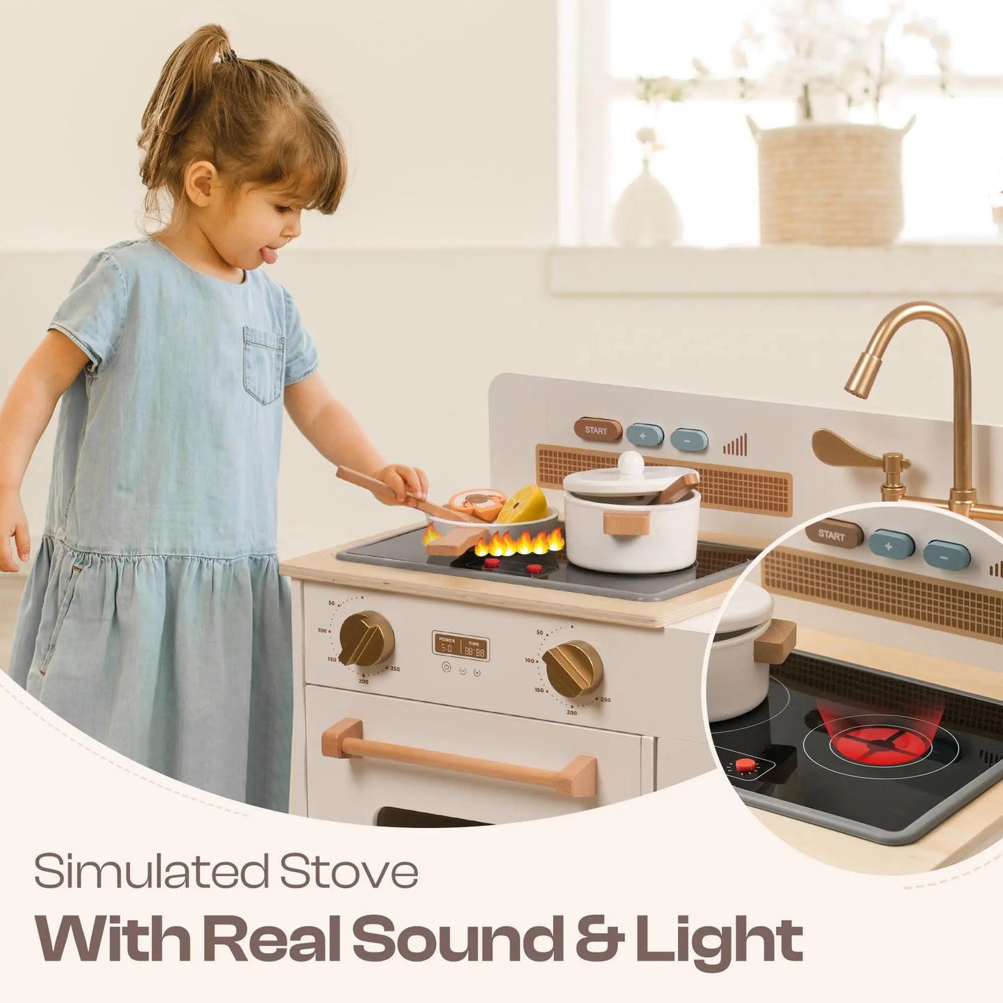 ROBOTIME Wooden Play Kitchen with Real Lights Sounds Ice Cube Dispenser Gift For Toddlers Kids Ages 3+  White