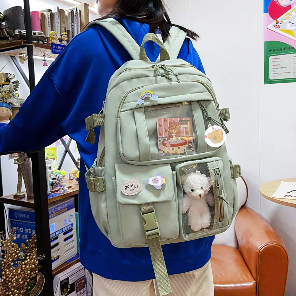 Sports Knapsack Fashion College Student Rucksack with Plush Pendant Pin Cute Kawaii Large Capacity Japanese Style for Teen Girls