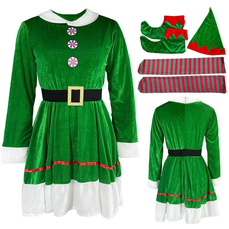 Women s Christmas Elf Costume Set with Dress Belt Hat Shoe Covers and Socks - Perfect for Cosplay and Role-Playing Parties