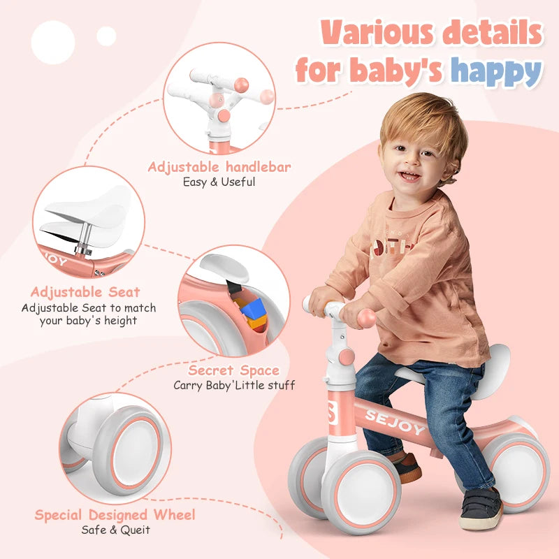 Sejoy Baby Balance Bike for 12-36 Months Gifts,Cute Toddler Bikes to Train Baby from Standing to Running with 4 Wheels