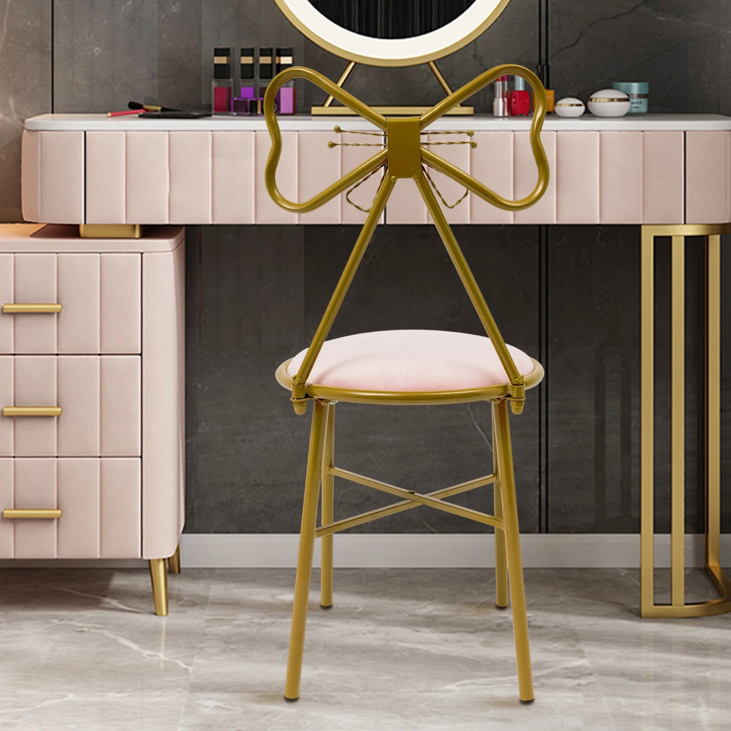 Modern Butterfly Shaped Backrest with Pink Cushion Chair Dining Chair Makeup Cute Girls Chair Backrest for Home Wedding Events