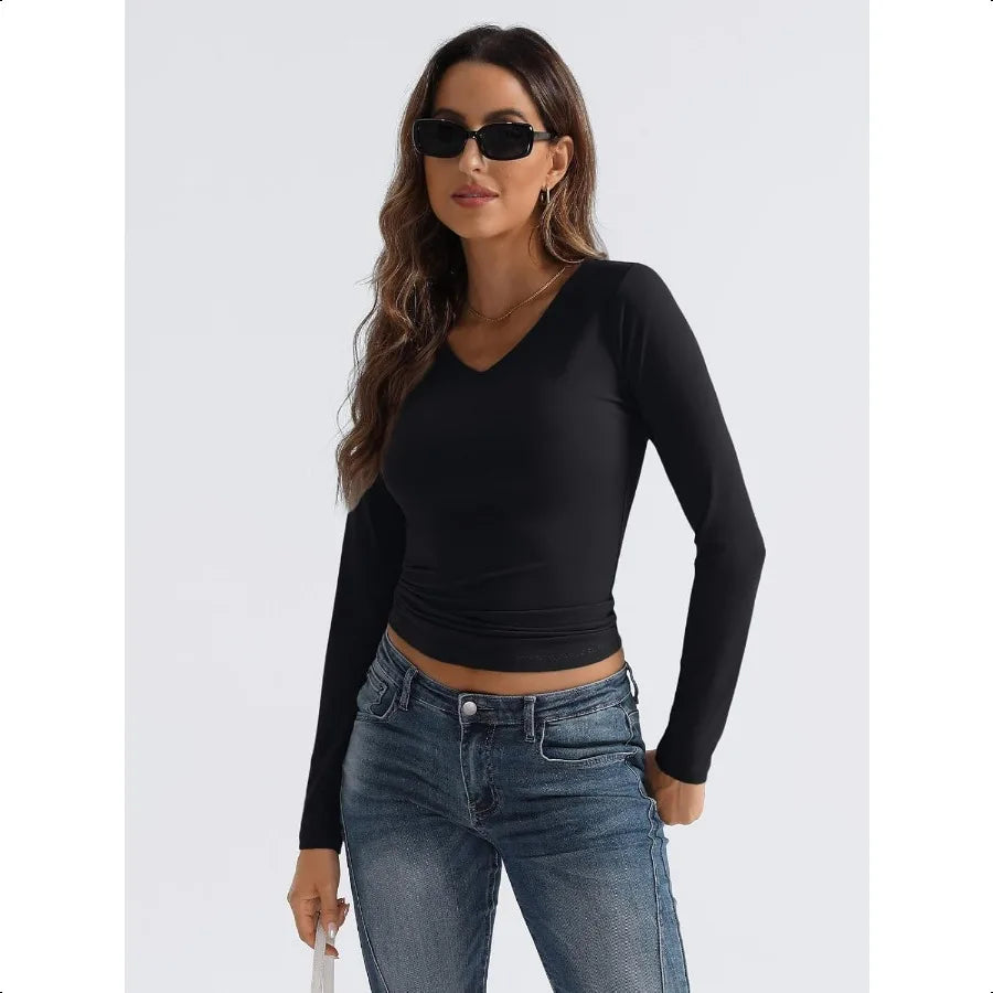 Trendy Queen Long Sleeve Shirts for Women 2025 Fall Fashion V Neck Basics Crop Tops Slim Fitted Y2K Tops Outfits Clothes