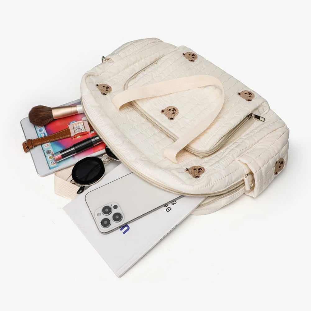 Bear/Flower Quilted Utility Tote Bag Multifunctional Travel Diaper Tote Adjustable Strap Crossbody Maternity Bag Luggage Bag