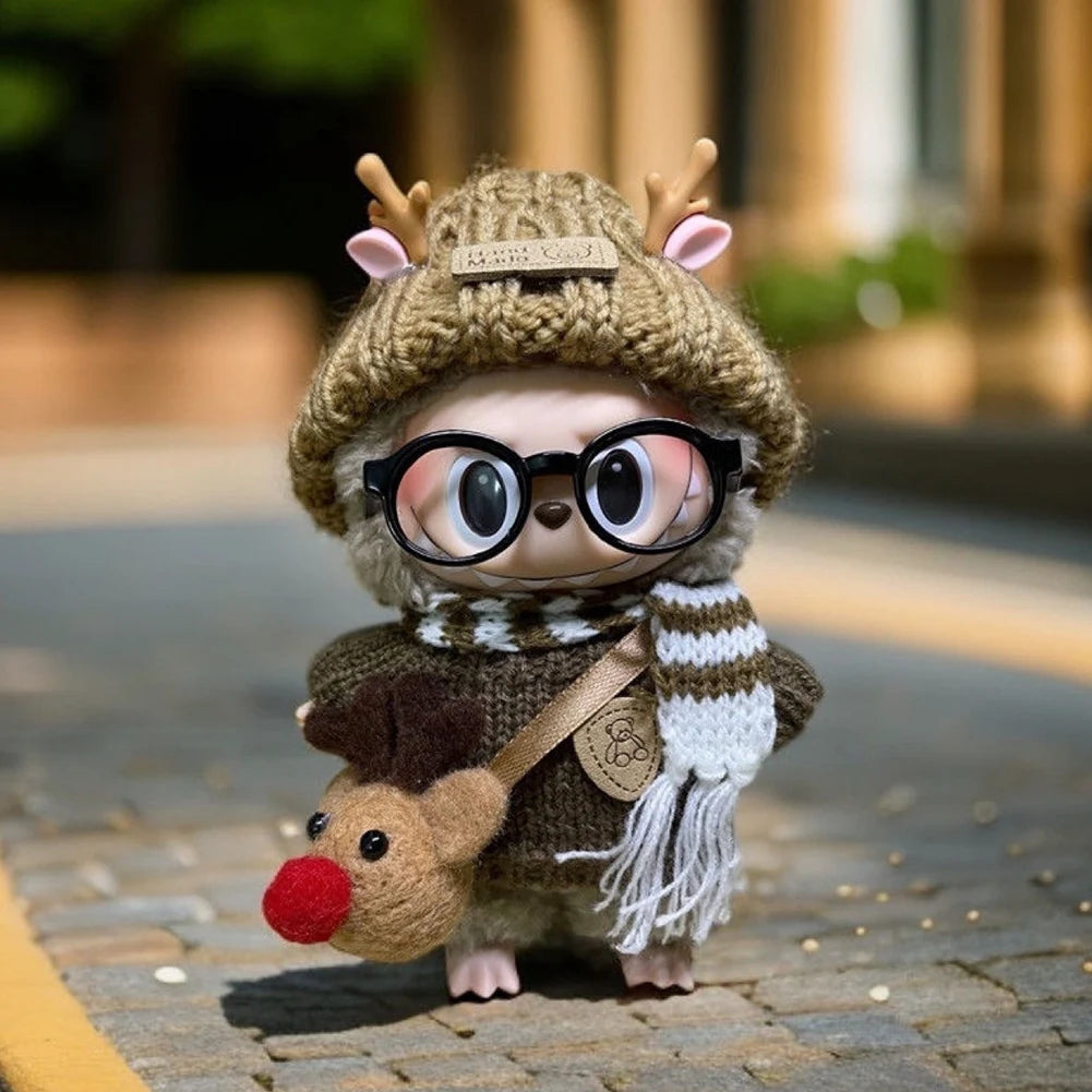 Mini Doll Outfit Cute Plush Sweater Reusable Cotton Elk Coat Cherry Pleated Skirt Hairpin Set for Baby Kid DIY Creative Toy