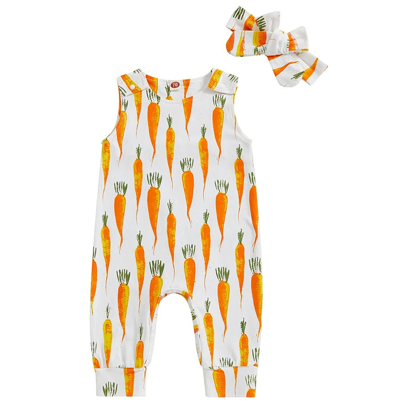 Toddler Girl 2-Piece Easter Dress Set with Bunny Print Sleeveless Jumpsuit and Matching Headband - Adorable Newborn Outfit for