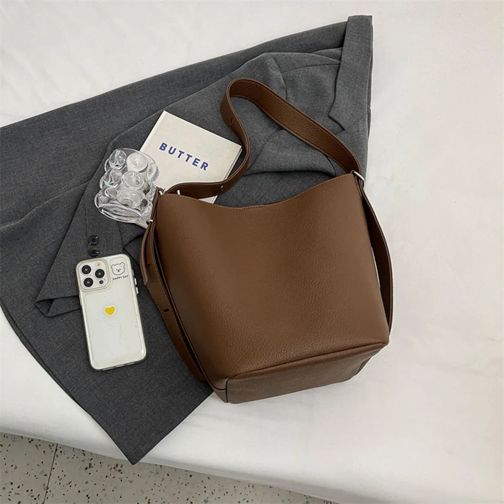 Women Fashion Shoulder Bag Large Capacity Bucket Grocery Bag Adjustable Strap Solid Color Simple Bag with Matching Clutch Set