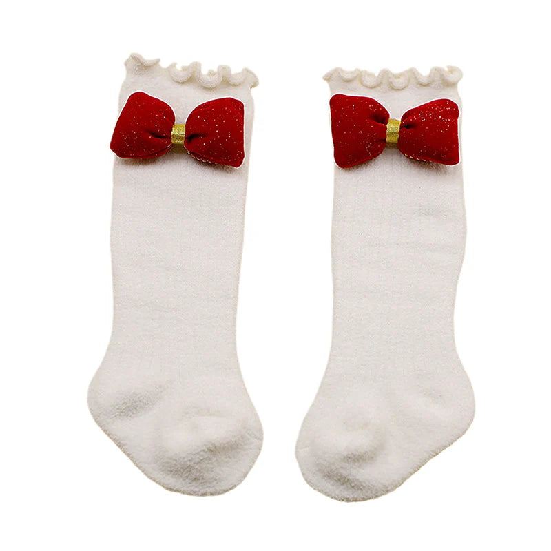 Adorable Baby Girl Knee High Socks with Lotus Edge Design and Bow Detail Soft Elastic Material for Cozy Warmth and Style