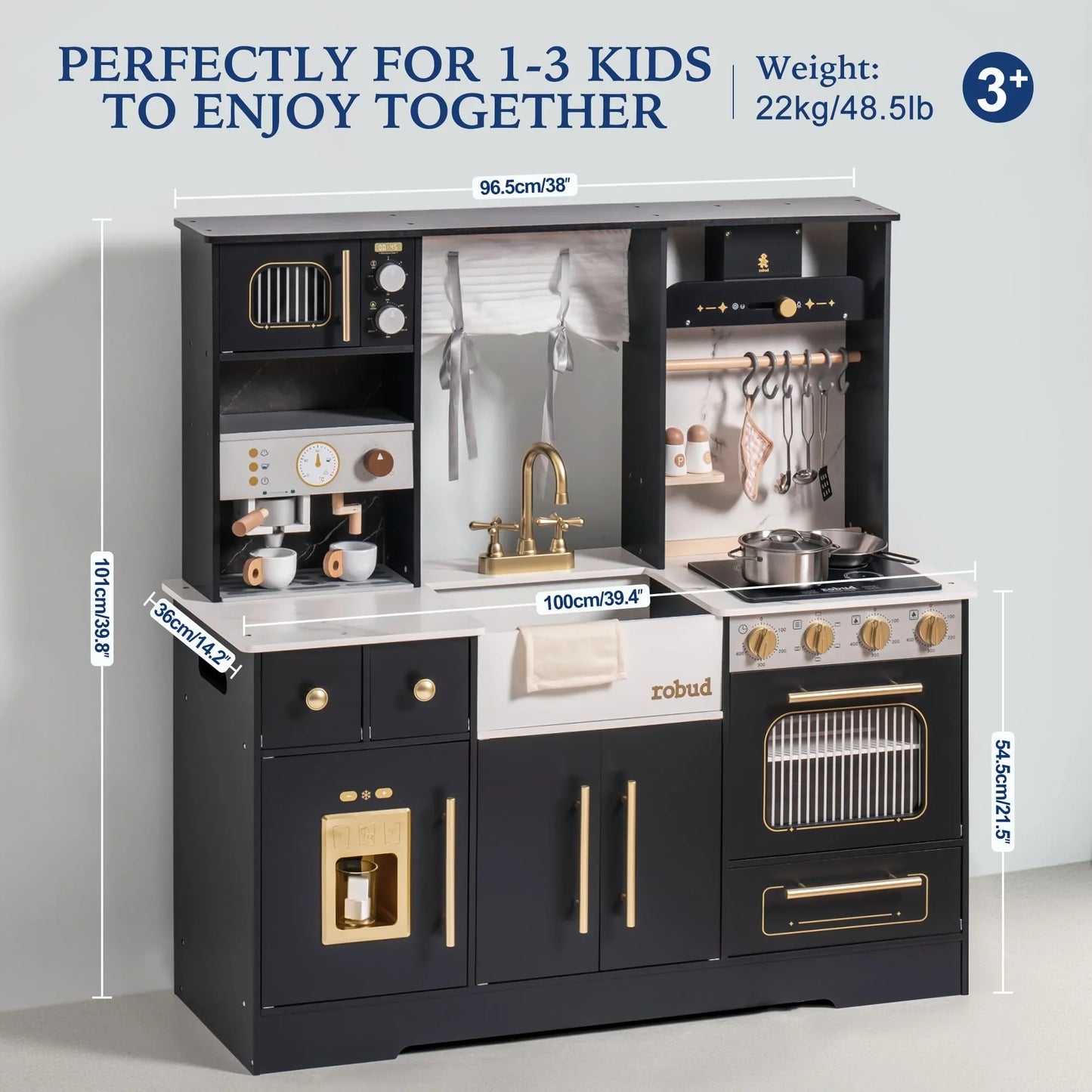 Robotime Robud Play Kitchen Wooden with Wash basin Cookware Accessories Microwave Toy Kitchen Gift for Boys Girls 3+ Black White