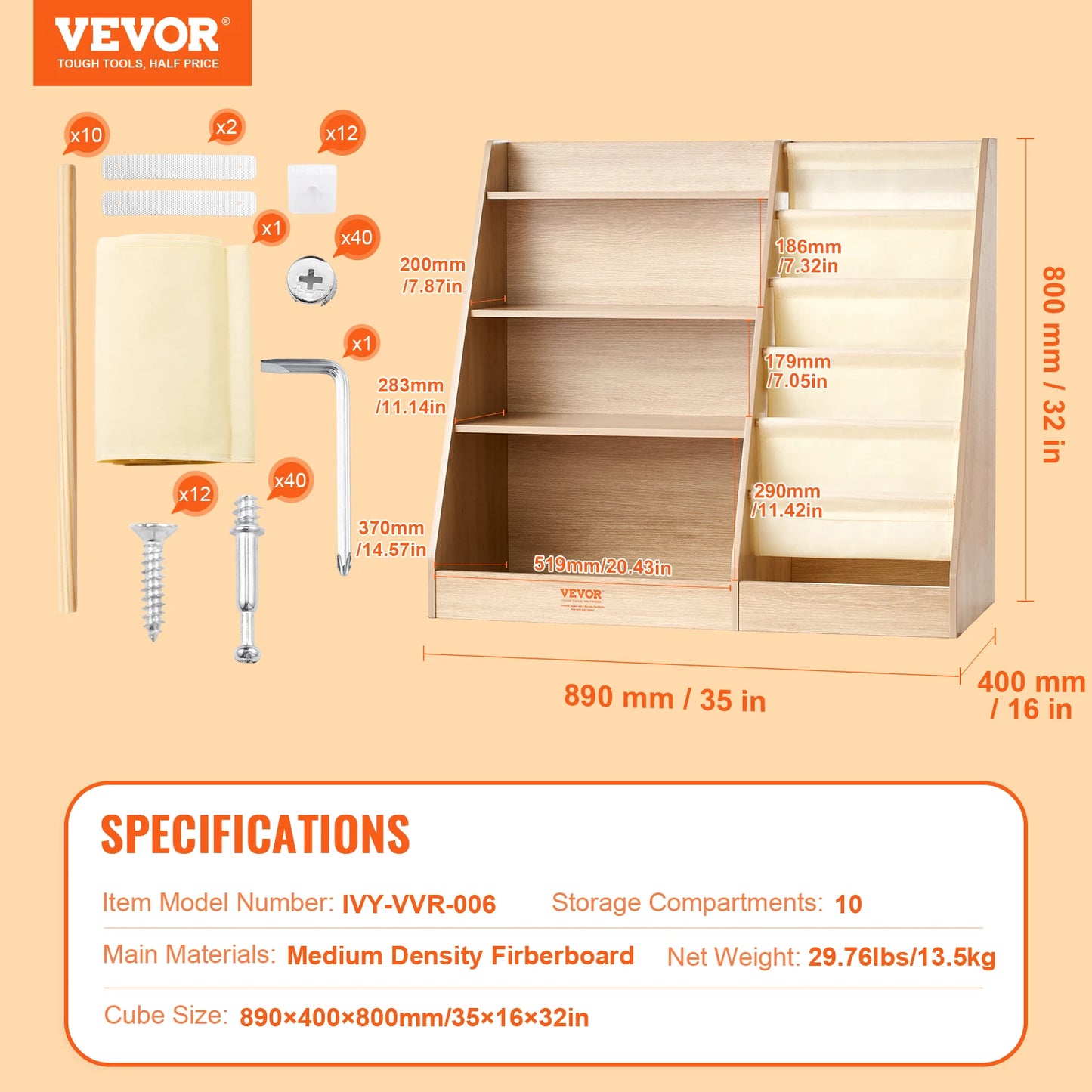VEVOR 4-Tier Kids Wooden Bookshelf Six-Layer Sling Bookcase Baby Storage Book Rack for Kids Room Playroom Kindergarten Nursery
