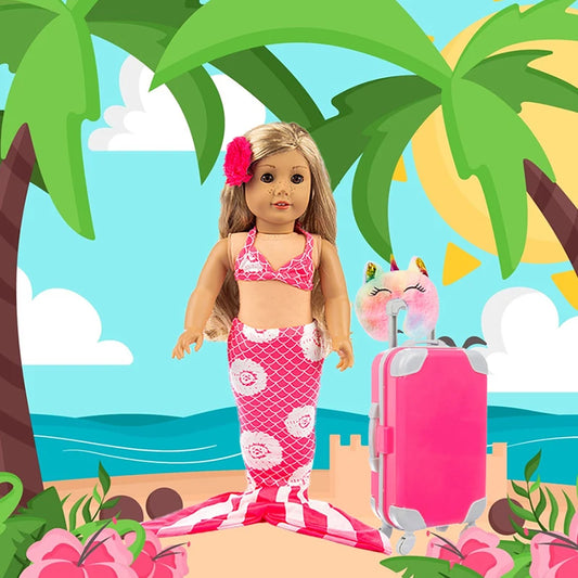 Mermaid Costume Set 18Inch/40cm Sunglasses Swimsuit Luggage American Doll Clothes Skirt Baby Doll Reborn Doll Toys Girl Gift