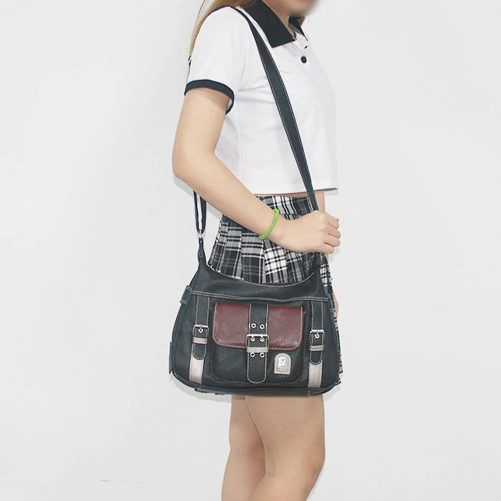 Girls Large Capacity Crossbody Bag Adjustable Strap Retro Sling Bag Multi-Pocket Contrast Color for Traveling Shopping Commuting