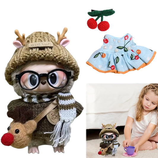 Mini Doll Outfit Cotton Elk Coat Doll Accessory Cherry Pleated Skirt Hairpin Set Reusable for Baby Kid DIY Creative Toy