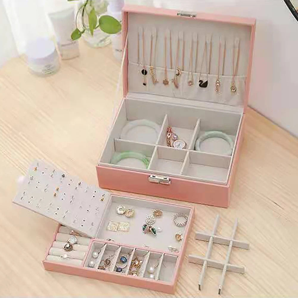Jewelry Box for Necklaces Rings Earrings, Double Layers Storage Velvet Cosmetics Holder for Women, Pink