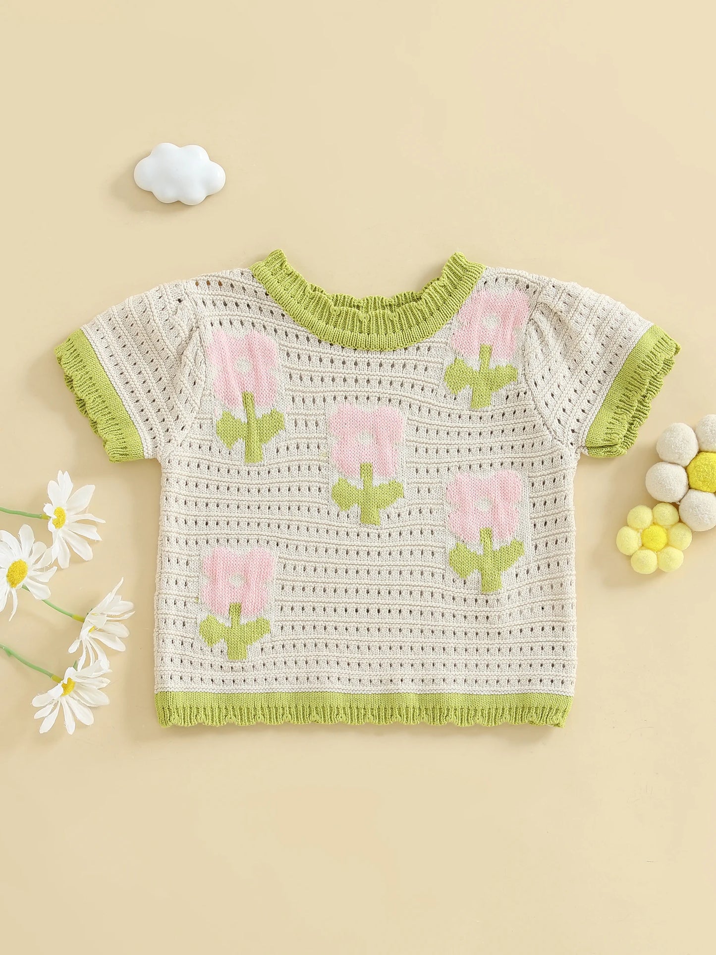Girls Floral Print Knit Cutout T-Shirt with Round Neck and Short Sleeves - Stylish Summer Top for Toddler Girls
