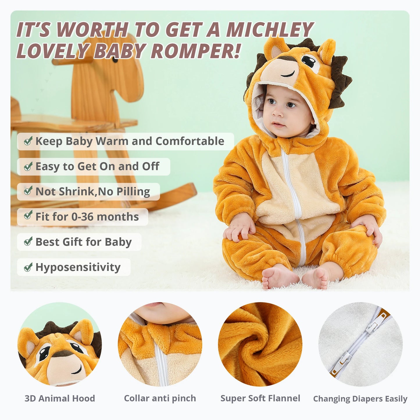 MICHLEY Halloween Dinosaur Baby Rompers Winter Flannel Toddler Infant Clothes Hooded Overall Bodysuits Jumpsuit Costume For Kids