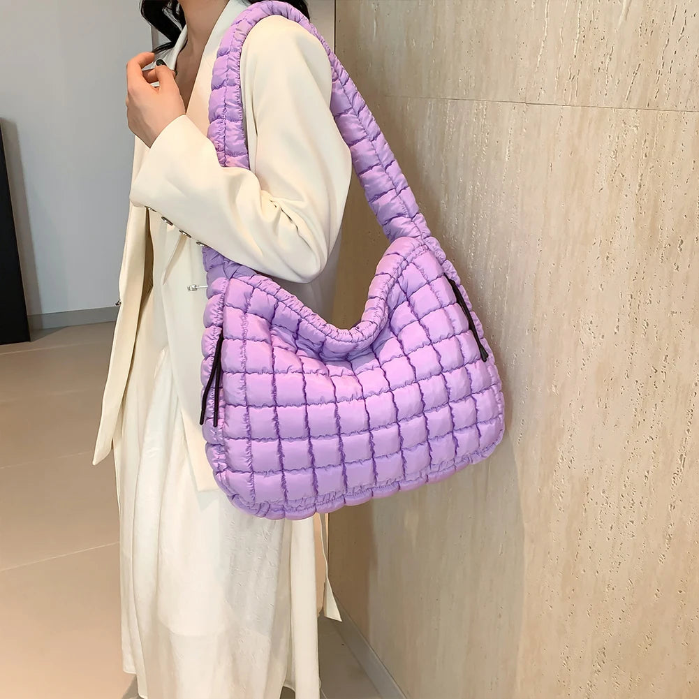 Women Puffer Shoulder Bag Padding Hobo Bag Large Capacity Puffy Shoulder Bag Solid Color Zip Closure for Outdoor Travel