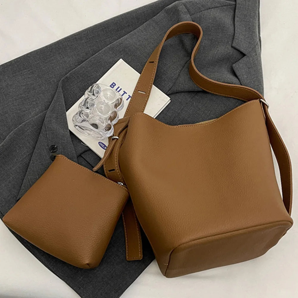 Women Fashion Shoulder Bag Large Capacity Bucket Grocery Bag Adjustable Strap Solid Color Simple Bag with Matching Clutch Set