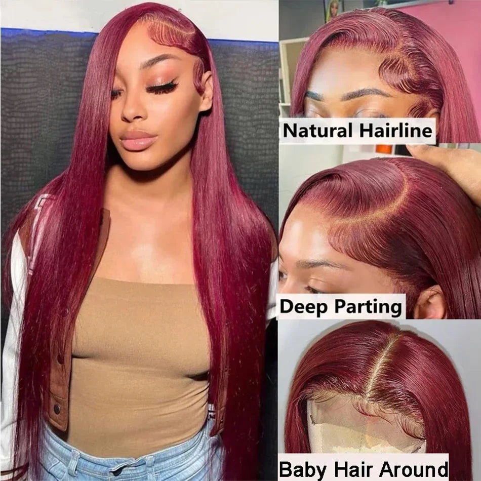 99J Burgundy 13x4 13x6 Full Frontal Lace Brazilian Preplucked Colored Straight Frontal Wigs HD Transparent Lace Human Hair Wigs