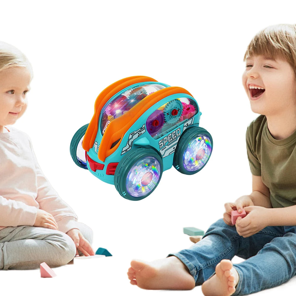 Light Up Transparent Gear Car Toy Bump and Go Toy Car with Colorful Moving Gears Toddler Trucks Stunts Somersaults Car for Kids