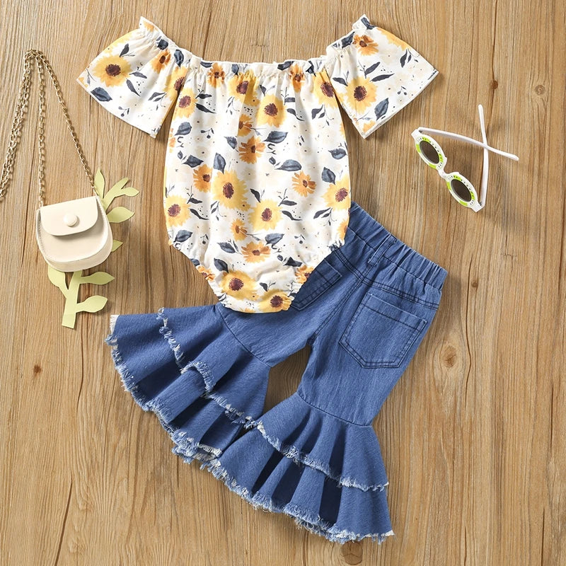 Toddler Girls 2-Piece Set Ruffle Sleeve Boat Neck Top with Floral Print Flare Pants Outfit for Baby Girls