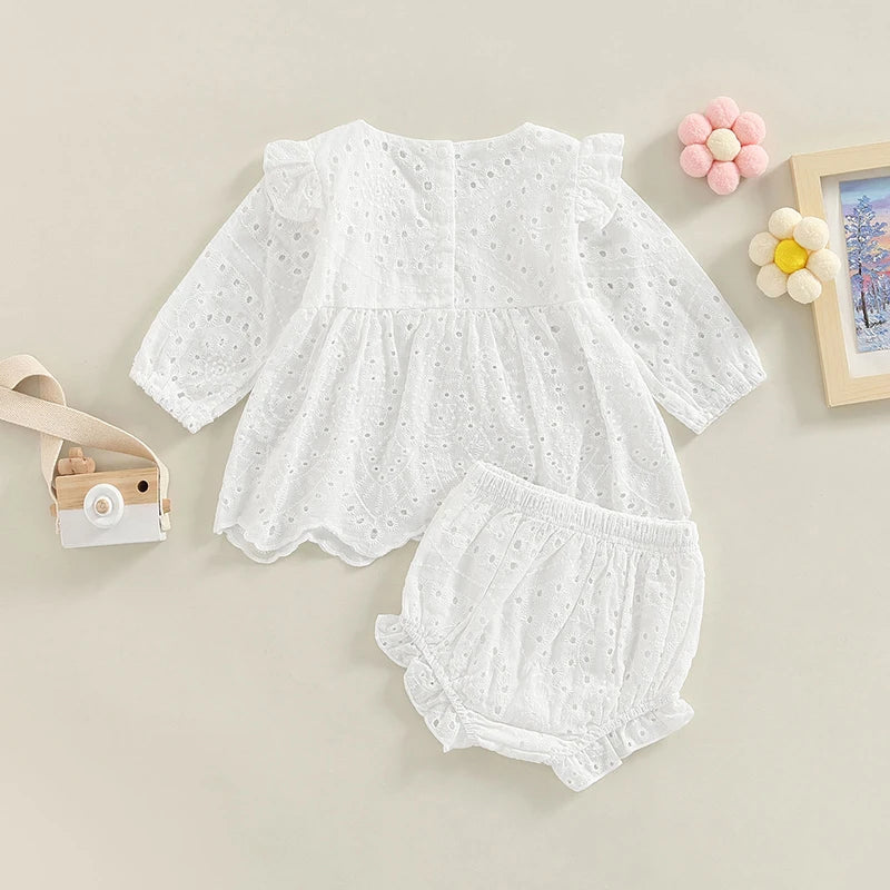 Adorable Infant Girls Outfit with Stylish Round Neck Long Sleeve Top and Cute Ruffle Shorts for a Casual Look