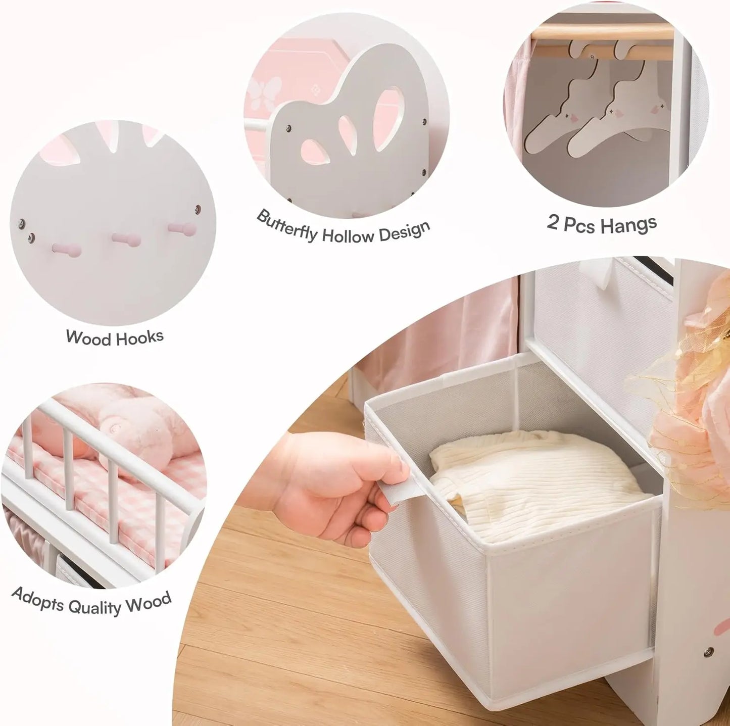Robotime Baby Doll Crib Wooden Doll Bed with Storage Bedding and Wooden Hooks Pink Doll Furniture for Girls Ages 3+