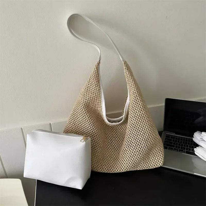 Travel Beach Straw Bag Rattan Woven Handmade Knitted Summer Beach Bag Straw Large Capacity Women Shoulder Bags Handbag Shopper