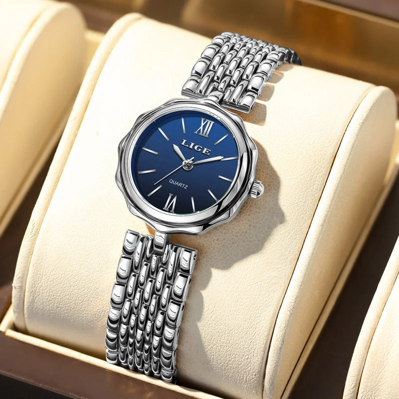 LIGE Fashion Golden Woman Watch Luxury Stainless Steel Ladies Watches Small Dial Elegant Female Quartz Bracelet Wristwatch+Box