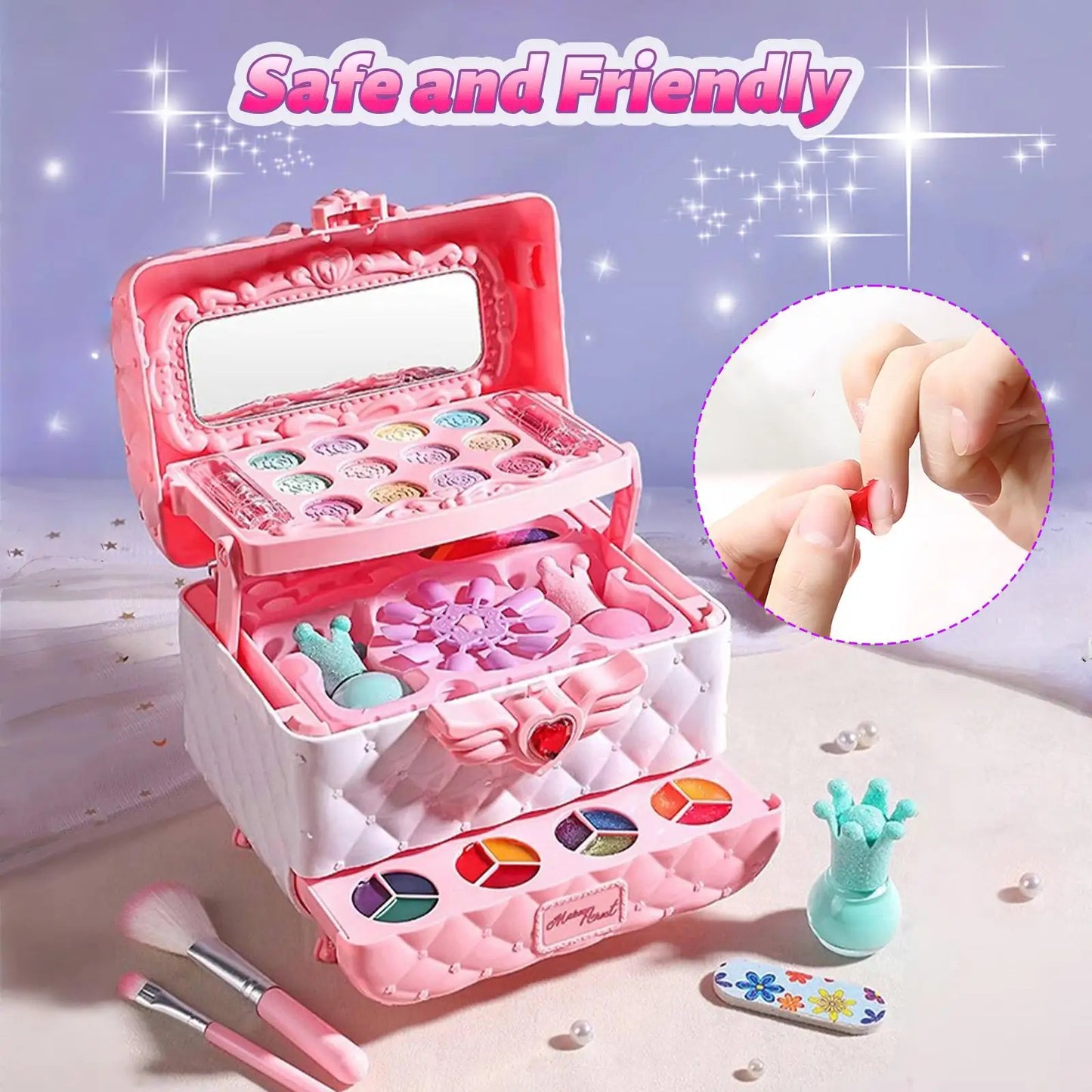 Multi-Layered Foldable Makeup Set for Kids Pretend Play Cosmetic Set for Girls, Learning and Education Toys with Box for Birthda