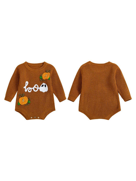 Infant Toddler Halloween Costume Jumpsuit with Spooky Bat Print Long Sleeve Knit Bodysuit Newborn Fall Playsuit for Boys Girls