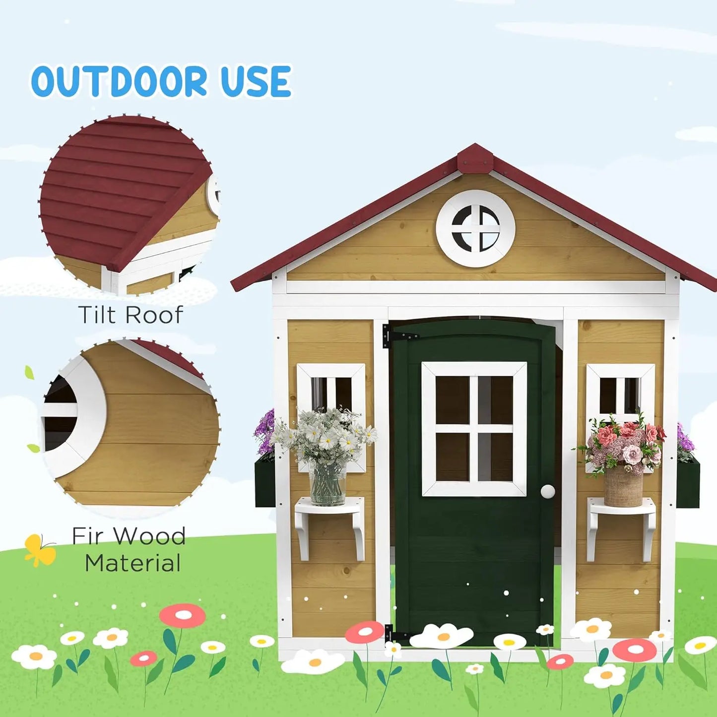 Outdoor Kids Playhouse, Wooden Playhouse with Doors, Windows, Planter Pots and Boxes for Toddlers 3-8 Years