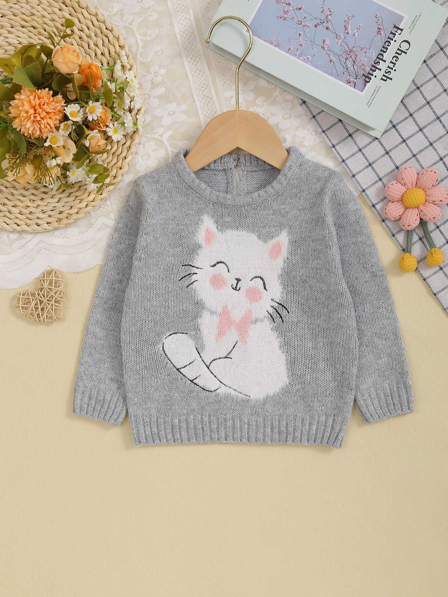 Adorable Baby Girls Long Sleeve Sweater with Playful Bunny Design Cozy Toddler Pullover Knitwear for Cold Weather Outfits