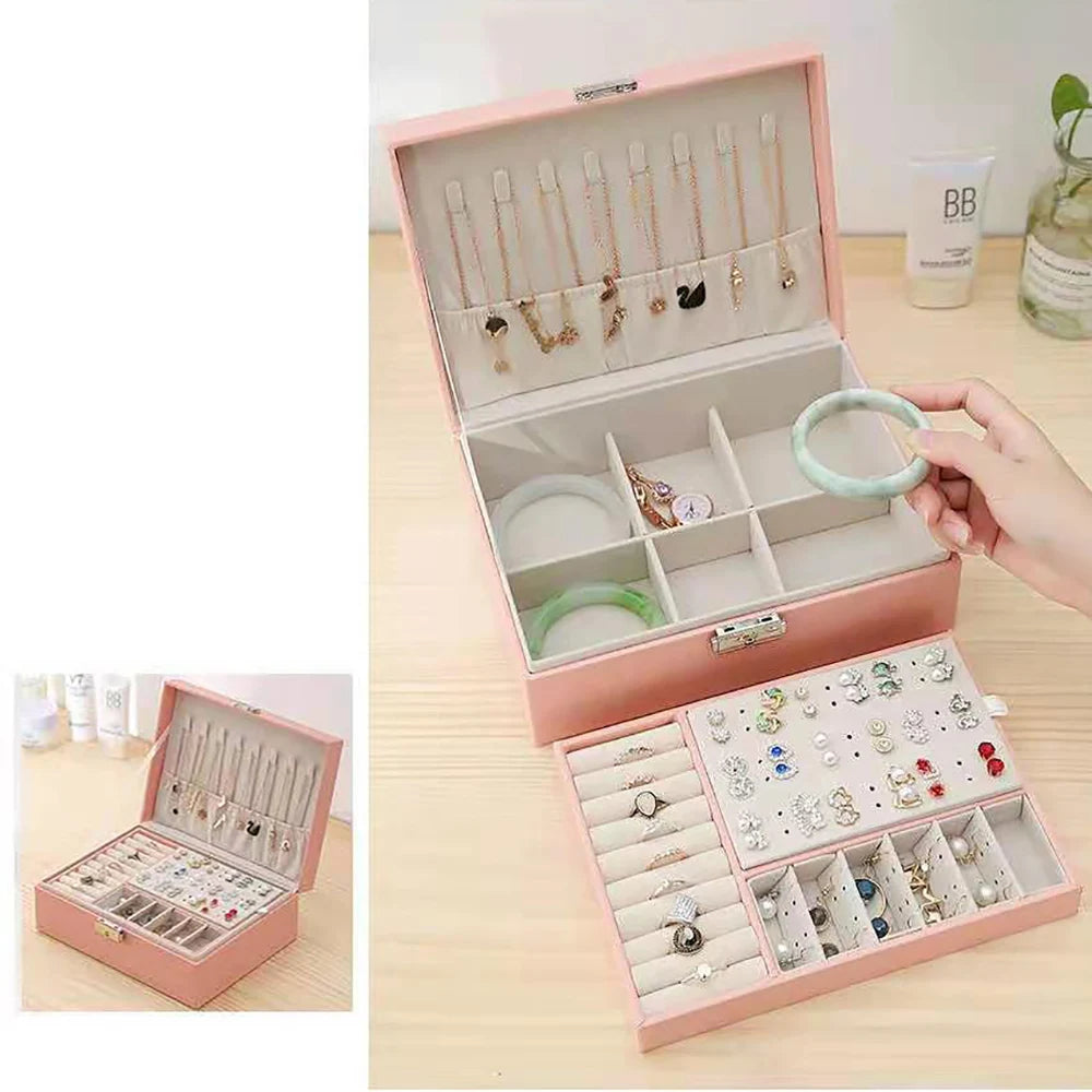 2 Layer Storage Velvet Jewelry Box With Lock Leather Large Gift Case Jewelry Display Box for Bracelet Ring Stud Earring