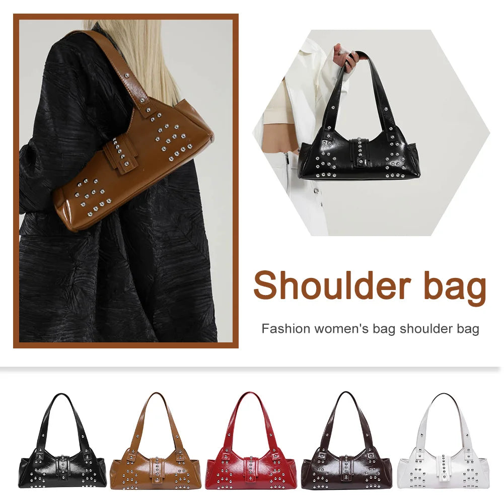 Shoulder Bag for Women Rivet Punk Underarm Bag PU Leather Studded Clutch Purse Trendy Hobo Purse for Work Travel Shopping