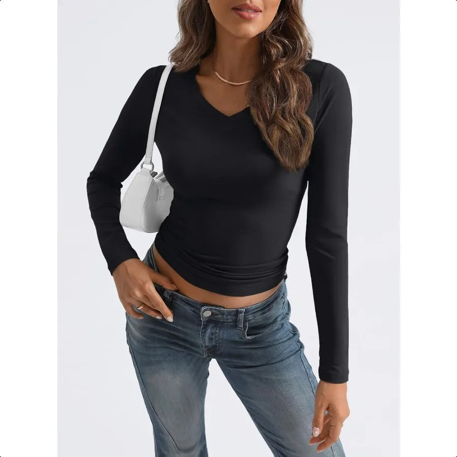 Trendy Queen Long Sleeve Shirts for Women 2025 Fall Fashion V Neck Basics Crop Tops Slim Fitted Y2K Tops Outfits Clothes