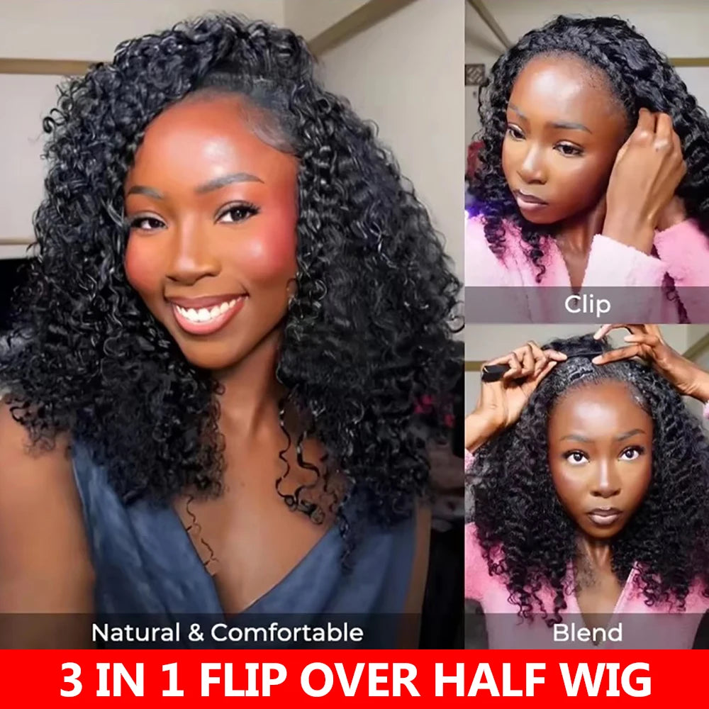 Half Wig Human Hair Flip Over 3 IN 1 Afro Kinky Curly V Part Wig Pre Cut HD Lace Glueless Wigs Human Hair For Women 250% Density
