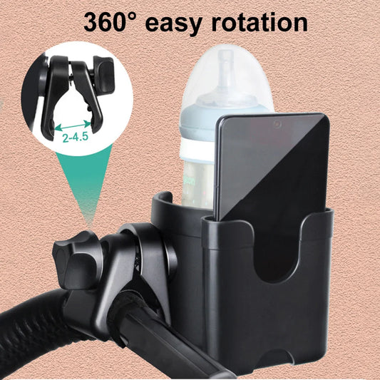 2 in 1 Stroller Cup Holder with Phone Holder Childrens Stroller Bottle Holders 360° Rotatable Cup Phone Holder Pram Accessories