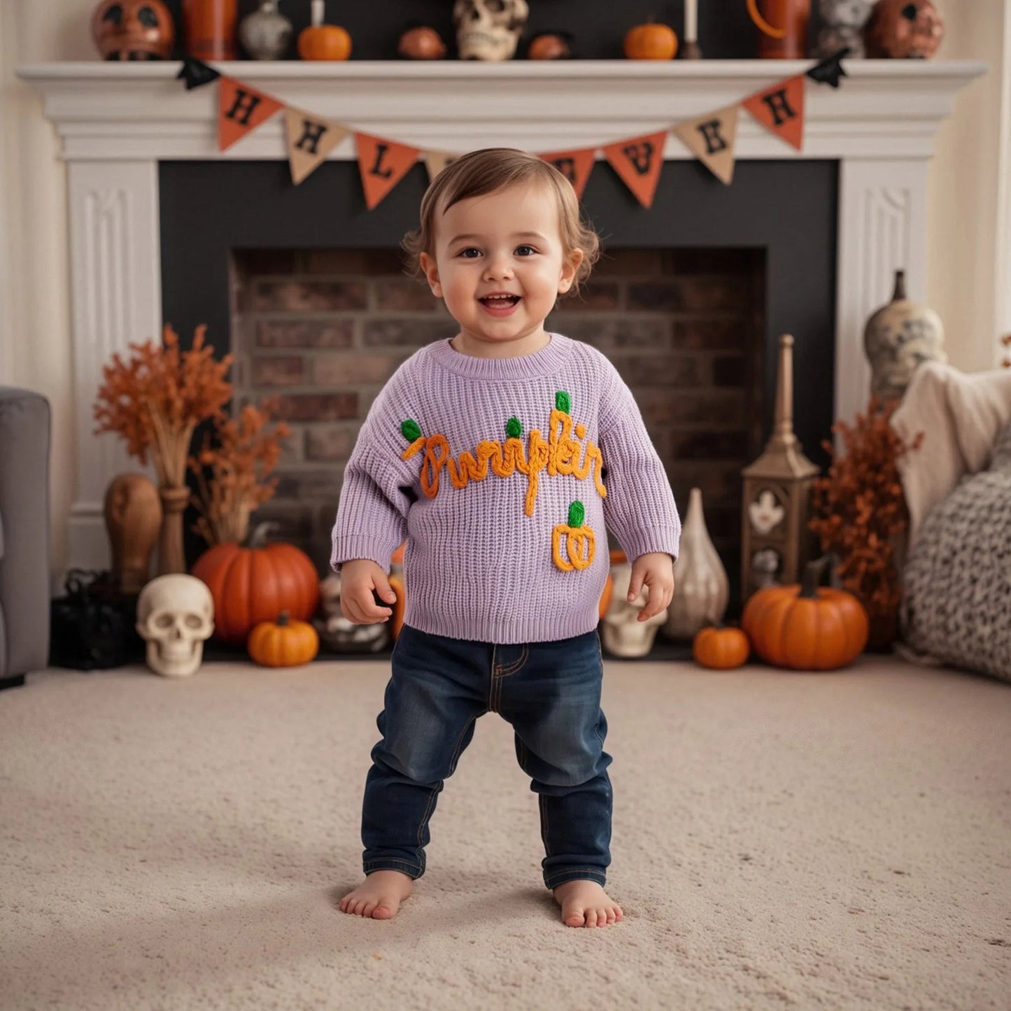 Toddler Halloween Sweater with Ghost Embroidery and Ribbed Crew Neck - Cozy Knit Pullover for Little Ones