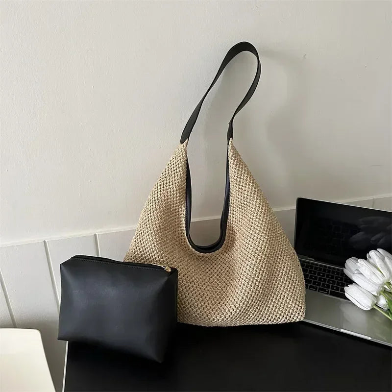 Travel Beach Straw Bag Rattan Woven Handmade Knitted Summer Beach Bag Straw Large Capacity Women Shoulder Bags Handbag Shopper