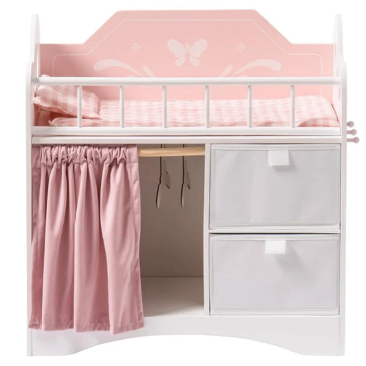 Robotime Baby Doll Crib Wooden Doll Bed with Storage Bedding and Wooden Hooks Pink Doll Furniture for Girls Ages 3+